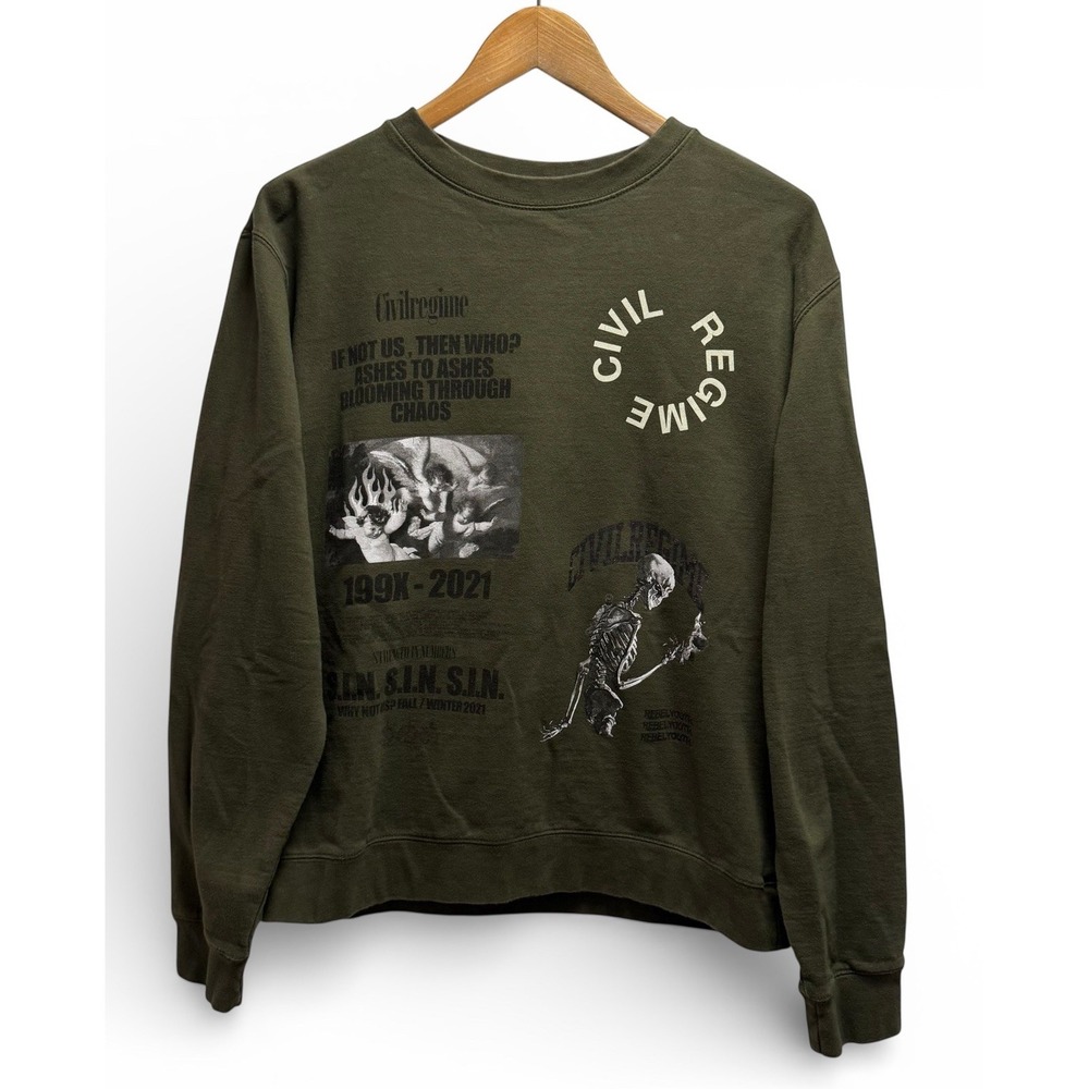 Civil Regime Mens Small Olive Green Angles Skeleton Crewneck Pullover Sweatshirt